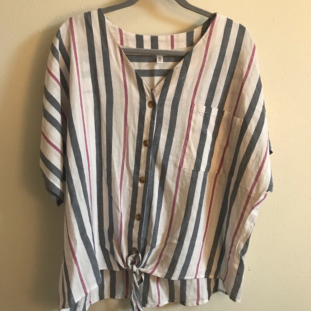 Time and Tru Striped Button Top